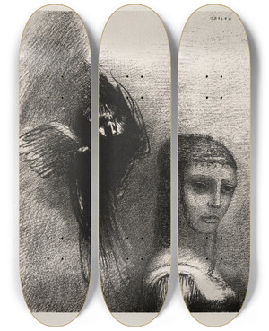 Triptych art skateboard deck of Odilon Redon And A Large Bird Descending From The Sky Hurls Itself Against The Topmost Point Of Her Hair by Odilon Redon (1840-1916)