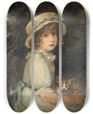 Triptych art skateboard deck of Meta Plckebaum Girl With Cat by Meta Pluckebaum (1876-1954)