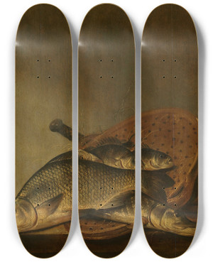 Triptych art skateboard deck of Pieter De Putter Still Life With Fish by Pieter de Putter (1605-1659)