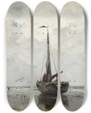 Triptych art skateboard deck of Jacob Maris Fishing Boat by Jacob Maris (1837-1899)