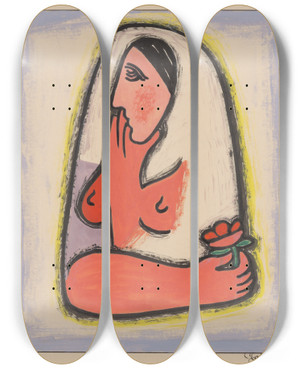 Triptych art skateboard deck of Mikul Galanda Woman With Flower by Mikulas Galanda (1895-1938)