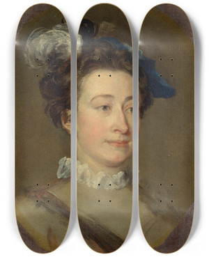 Triptych art skateboard deck of William Hogarth Girl In A Plumed Hat by William Hogarth (1697-1764)