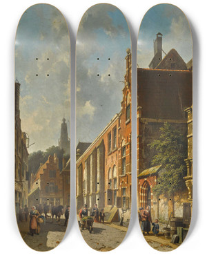 Triptych art skateboard deck of Adrianus Eversen A Busy Street In Summer by Adrianus Eversen (1818-1897)