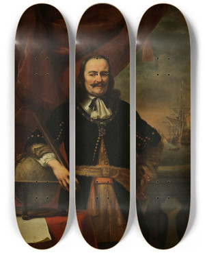 Triptych art skateboard deck of Ferdinand Bol Michiel De Ruyter As Lieutenantadmiral by Ferdinand Bol (1616-1680)