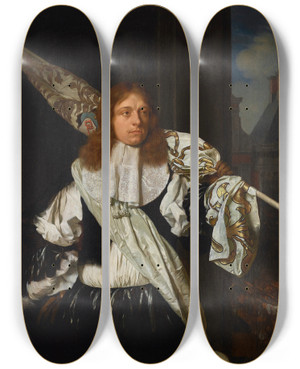 Triptych art skateboard deck of Ary De Vois Portrait Of An Ensign Of The Leiden Civic Guard by Ary de Vois (1632-1680)