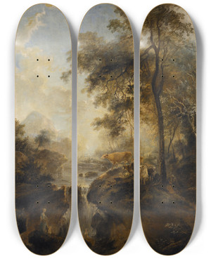 Triptych art skateboard deck of Elias Martin Landscape With A Waterfall And Cattle by Elias Martin (1739-1818)