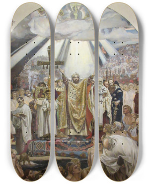 Triptych art skateboard deck of Victor Mikhailovich Vasnetsov Baptism Of Russia by Victor Mikhailovich Vasnetsov (1848-1926)