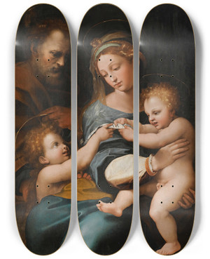 Triptych art skateboard deck of Follower Of Raphael Holy Family With The Infant St John The Baptist Or Madonna Della Rosa by Follower of Raphael (1483-1520)