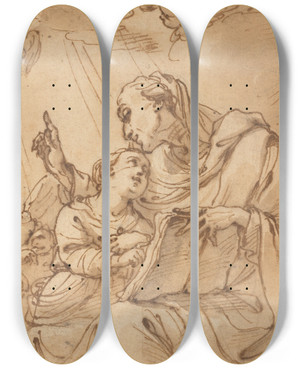 Triptych art skateboard deck of Ubaldo Gandolfi The Education Of The Virgin by Ubaldo Gandolfi (1728-1781)