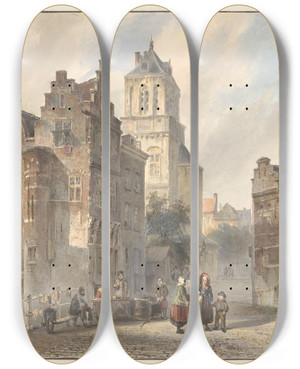 Triptych art skateboard deck of Johannes Bosboom Gezicht Op Het Stadhuis Van Delft by Johannes Bosboom (1817-1891)