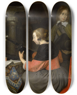 Triptych art skateboard deck of Gerard Ter Borch The Lute Player by Gerard Ter Borch (1617-1681)