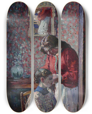 Triptych art skateboard deck of Henri Lebasque Le Coiffure by Henri Lebasque (1865-1937)
