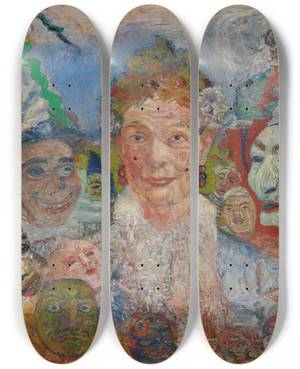 Triptych art skateboard deck of James Ensor Old Lady With Masks by James Ensor (1860-1949)