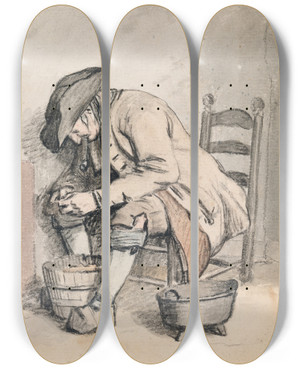 Triptych art skateboard deck of Wybrand Hendriks A Seated Man Leaning Over A Pail by Wybrand Hendriks (1744-1831)