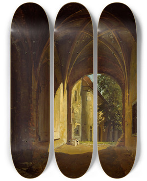 Triptych art skateboard deck of Thomas Fearnley A Vaulted Hall In The Scharfenberg Castle Near Dresden by Thomas Fearnley (1802-1842)