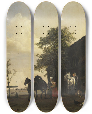 Triptych art skateboard deck of Paulus Potter Figures With Horses By A Stable by Paulus Potter (1625-1654)