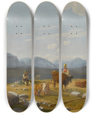 Triptych art skateboard deck of Wilhelm Von Kobell On The Alpine Pasture by Wilhelm von Kobell (1766-1853)
