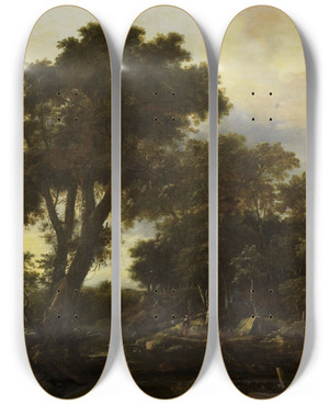 Triptych art skateboard deck of Roelant Roghman Forest Landscape With Leanto by Roelant Roghman (1627-1692)