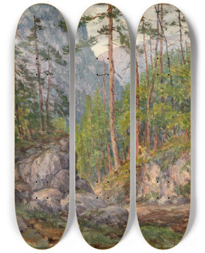 Triptych art skateboard deck of Fritz Lach A Wood In Tragss by Fritz Lach (1868-1933)
