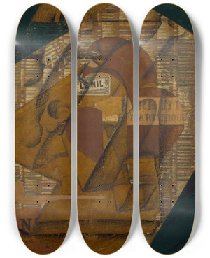 Triptych art skateboard deck of Juan Gris Bottle Of Rum And Newspaper by Juan Gris (1887-1927)