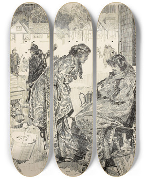 Triptych art skateboard deck of Orson Byron Lowell A Philosopher by Orson Byron Lowell (1871-1956)