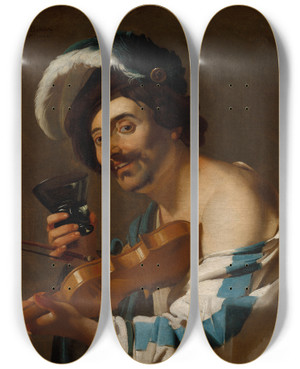 Triptych art skateboard deck of Dirck Van Baburen Violin Player With A Wine Glass by Dirck Van Baburen (1595-1624)