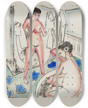 Triptych art skateboard deck of Ernst Ludwig Kirchner Bathing Girls In A Room by Ernst Ludwig Kirchner (1880-1938)