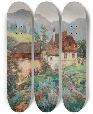 Triptych art skateboard deck of Fritz Lach A Farmhouse In Losenstein Near Steyr In Upper Austria by Fritz Lach (1868-1933)