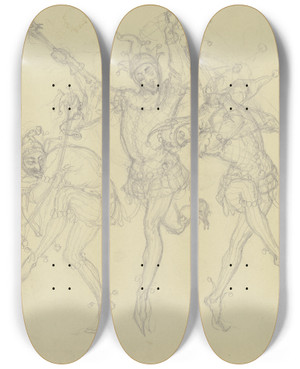 Triptych art skateboard deck of Ferdinand Fellner Gruppe Tanzender Harlequine by Ferdinand Fellner (1799-1859)