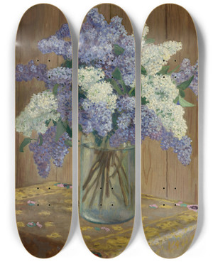 Triptych art skateboard deck of Nikolai Bogdanovbelsky Still Life With Lilacs by Nikolai Bogdanov-Belsky (1868-1945)