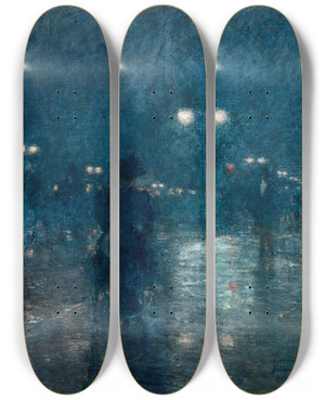 Triptych art skateboard deck of Childe Hassam Fifth Avenue Nocturne by Childe Hassam (1859-1935)