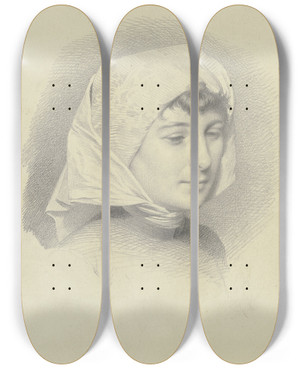 Triptych art skateboard deck of Eugen Klimsch Kopf Einer Jungen Frau Mit Tuch by Eugen Klimsch (1839-1896)