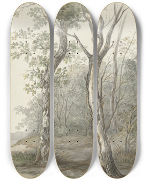 Triptych art skateboard deck of Jan Dasveldt Boslandschap by Jan Dasveldt (1770-1855)