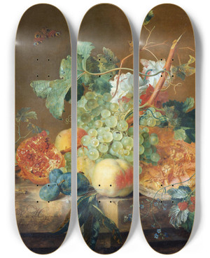 Triptych art skateboard deck of Jan Van Huysum Still Life With Fruit_2 by Jan Van Huysum (1682-1749)