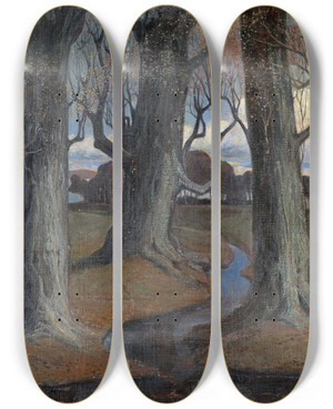 Triptych art skateboard deck of Rudolf Lw Landscape by Rudolf Low (1878-1948)