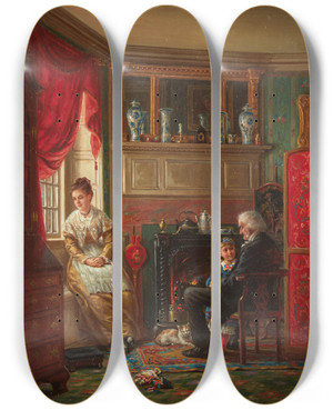 Triptych art skateboard deck of Edward Lamson Henry By The Fire by Edward Lamson Henry (1841-1919)