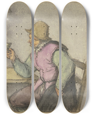 Triptych art skateboard deck of Adriaen Van Ostade An Einem Tisch Sitzender Bauer Mit Glas Nach Links by Adriaen Van Ostade (1610-1684)