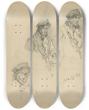 Triptych art skateboard deck of Floris Verster Man With Cap And Coat Three Studies by Floris Verster (1861-1927)
