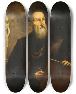 Triptych art skateboard deck of Pietro Della Vecchia Imaginary Selfportrait Of Titian by Pietro della Vecchia (1602-1678) Triptych art skateboard deck of Pietro Della Vecchia Imaginary Selfportrait Of Titian by Pietro della Vecchia (1602-1678)