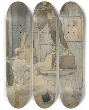 Triptych art skateboard deck of Antoon Derkinderen Jan Toorop In Een Beeldhouwersatelier by Antoon Derkinderen (1859-1925)