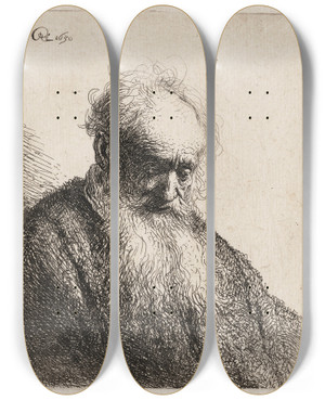 Triptych art skateboard deck of Rembrandt Van Rijn Old Man With A Flowing Beard by Rembrandt Van Rijn (1606-1669) Triptych art skateboard deck of Rembrandt Van Rijn Old Man With A Flowing Beard by Rembrandt Van Rijn (1606-1669)