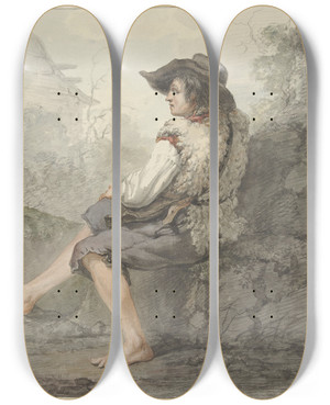 Triptych art skateboard deck of Jacob Van Strij Zittende Jongen Met Hoed En Schapenvacht Naar Links by Jacob Van Strij (1756-1815)