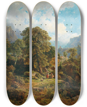 Triptych art skateboard deck of Gottfried Seelos A Landscape In The Fassa Valley South Tyrol by Gottfried Seelos (1829-1900)