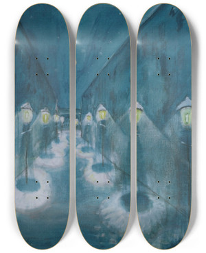 Triptych art skateboard deck of Walter Gramatt Nchtliche Strasse Streetby Night by Walter Gramatte (1897-1929)