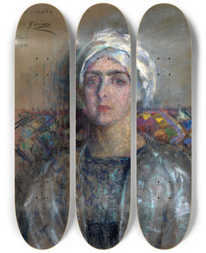Triptych art skateboard deck of Alice Pike Barney The White Turban by Alice Pike Barney (1857-1931)