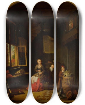 Triptych art skateboard deck of Jacob Van Spreeuwen Interior Of A Kitchen With A Seated Woman Peeling Onions A Child Hiding Behind Her And A Child Holding A Cabbage On A Barrel by Jacob Van Spreeuwen (1611-1650)