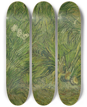 Triptych art skateboard deck of Vincent Van Gogh Garden With Butterflies by Vincent van Gogh (1853-1890)