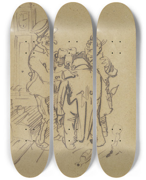 Triptych art skateboard deck of Wilhelm Busch Mr Knopp At The Inn by Wilhelm Busch (1832-1908)