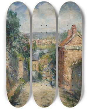 Triptych art skateboard deck of Gustave Loiseau La Rue Thuringe Bonsecours Rouen by Gustave Loiseau (1865-1935)