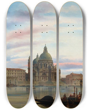 Triptych art skateboard deck of Felice Auguste Rezia Venice A View Of Santa Maria Della Salute by Felice Auguste Rezia (1835-1907)